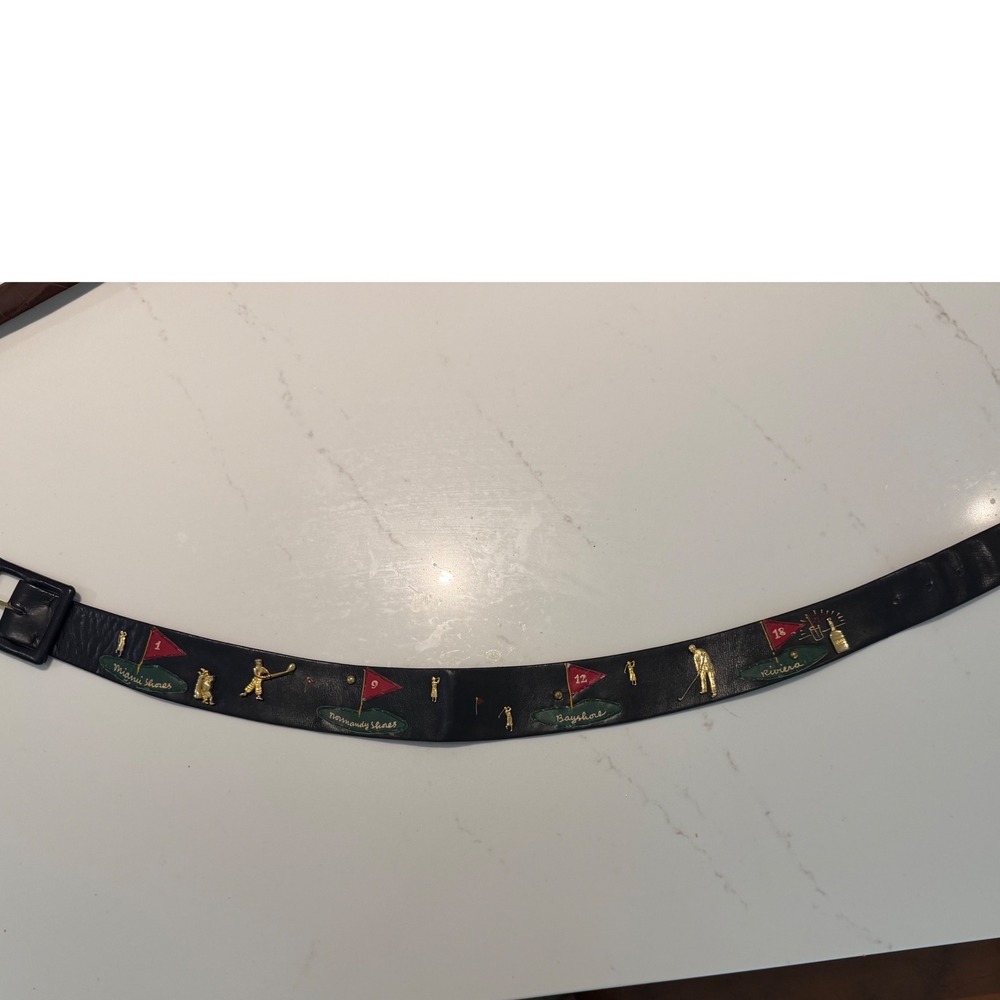 Vintage Calderon Black Leather Golf Belt Gold Charms Miami Riviera 4623 XS 26